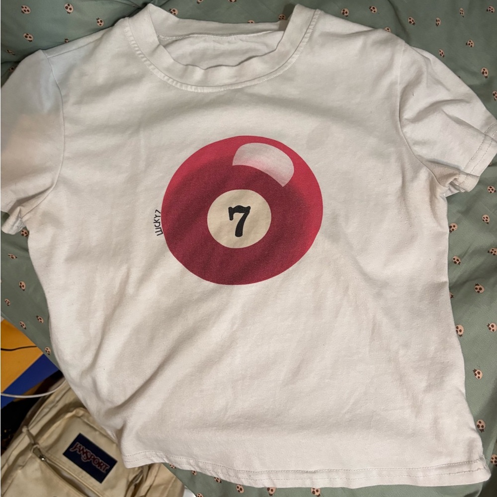 White Graphic Tee with Red '7' Billiard Ball